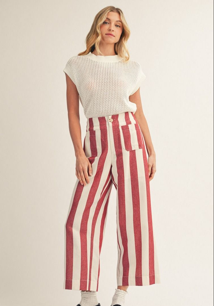 Wide Leg Bold Stripe Pants in Wine