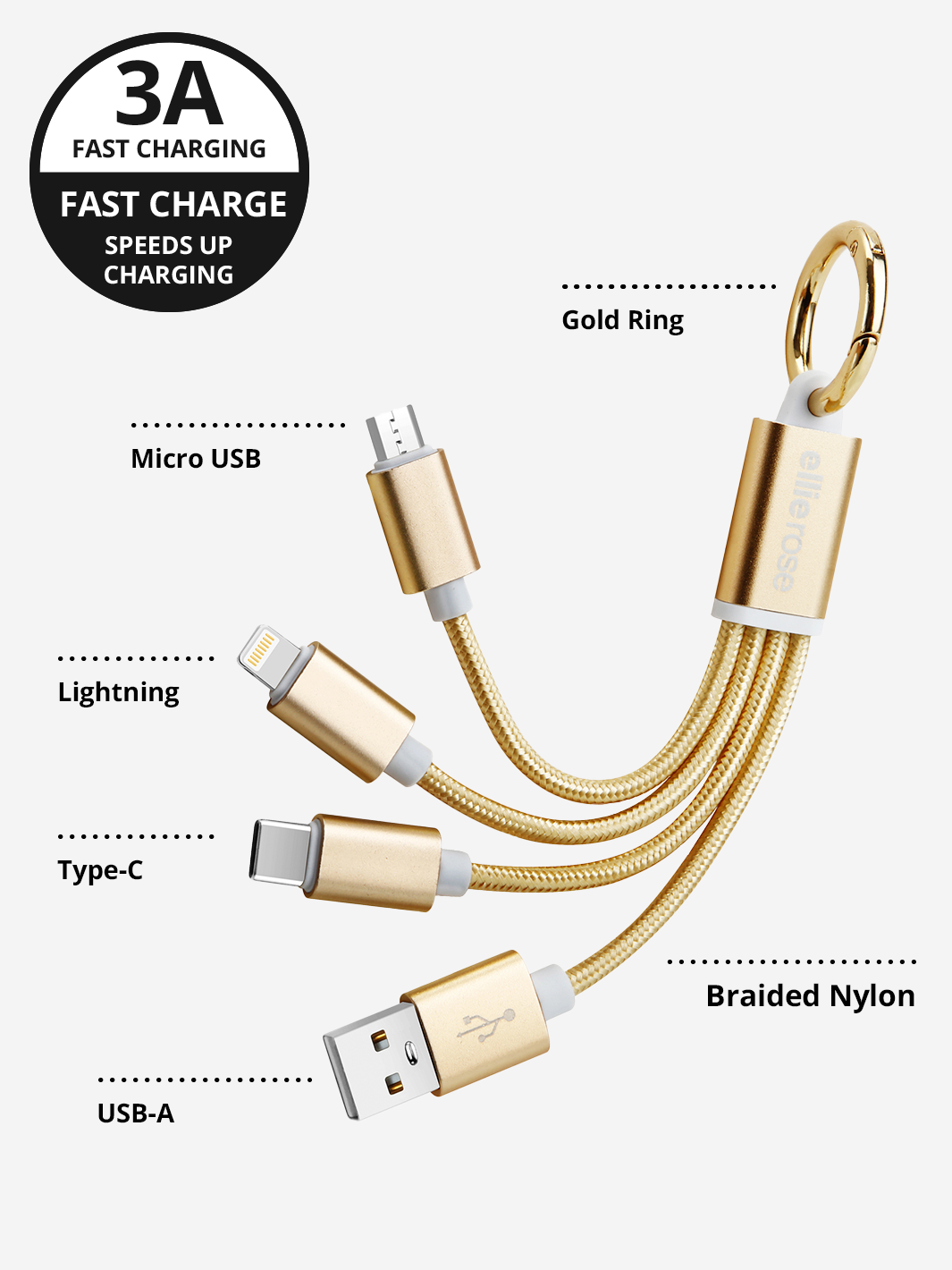 3-in-1 Charging Cable Keychain in Gold