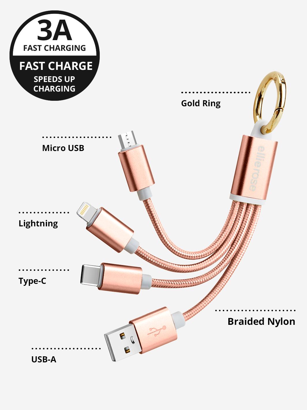 3-in-1 Charging Cable Keychain in Rose Gold