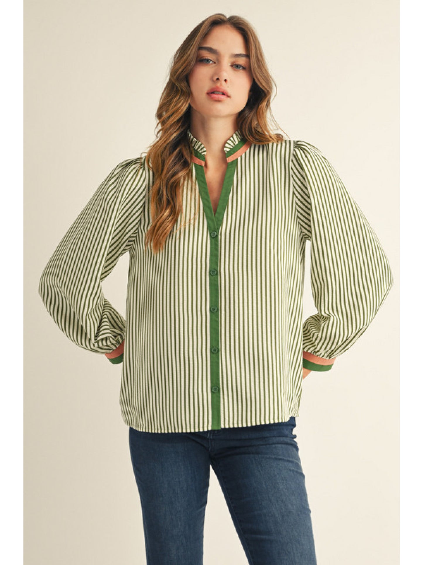 Long Sleeve Button Down Stripe Top with Ruffled Neckline in Olive