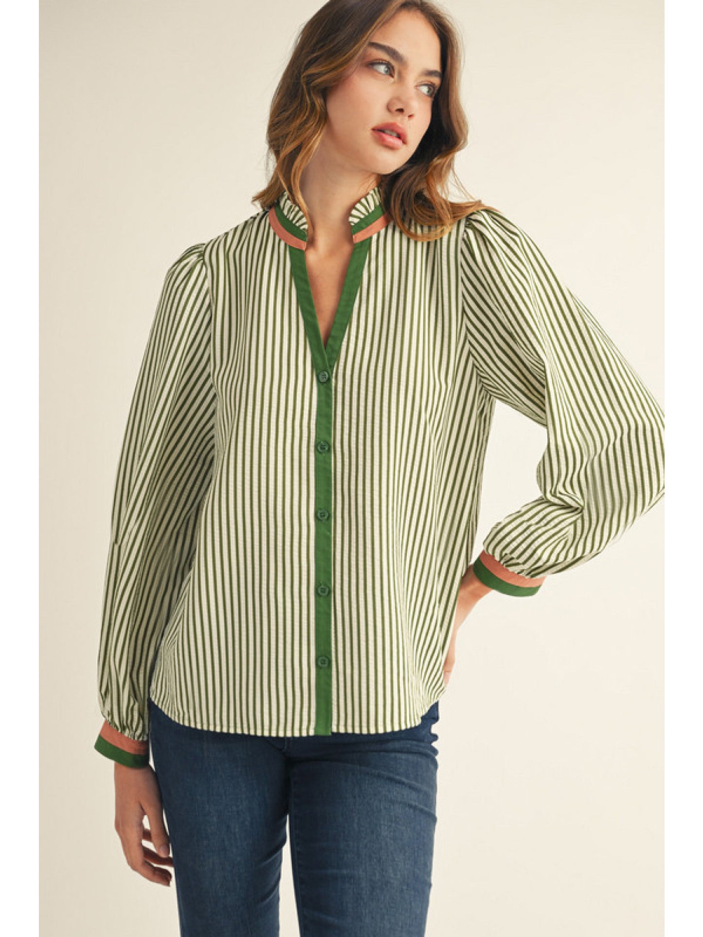 Long Sleeve Button Down Stripe Top with Ruffled Neckline in Olive
