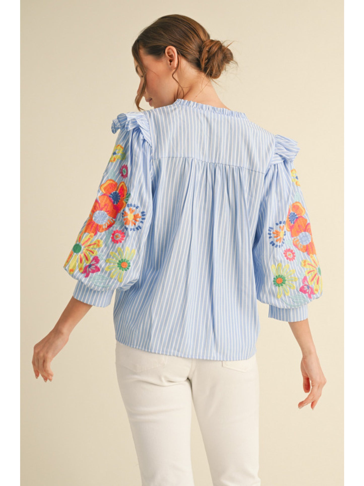 Floral Embroidered Sleeve Top in Sky Blue