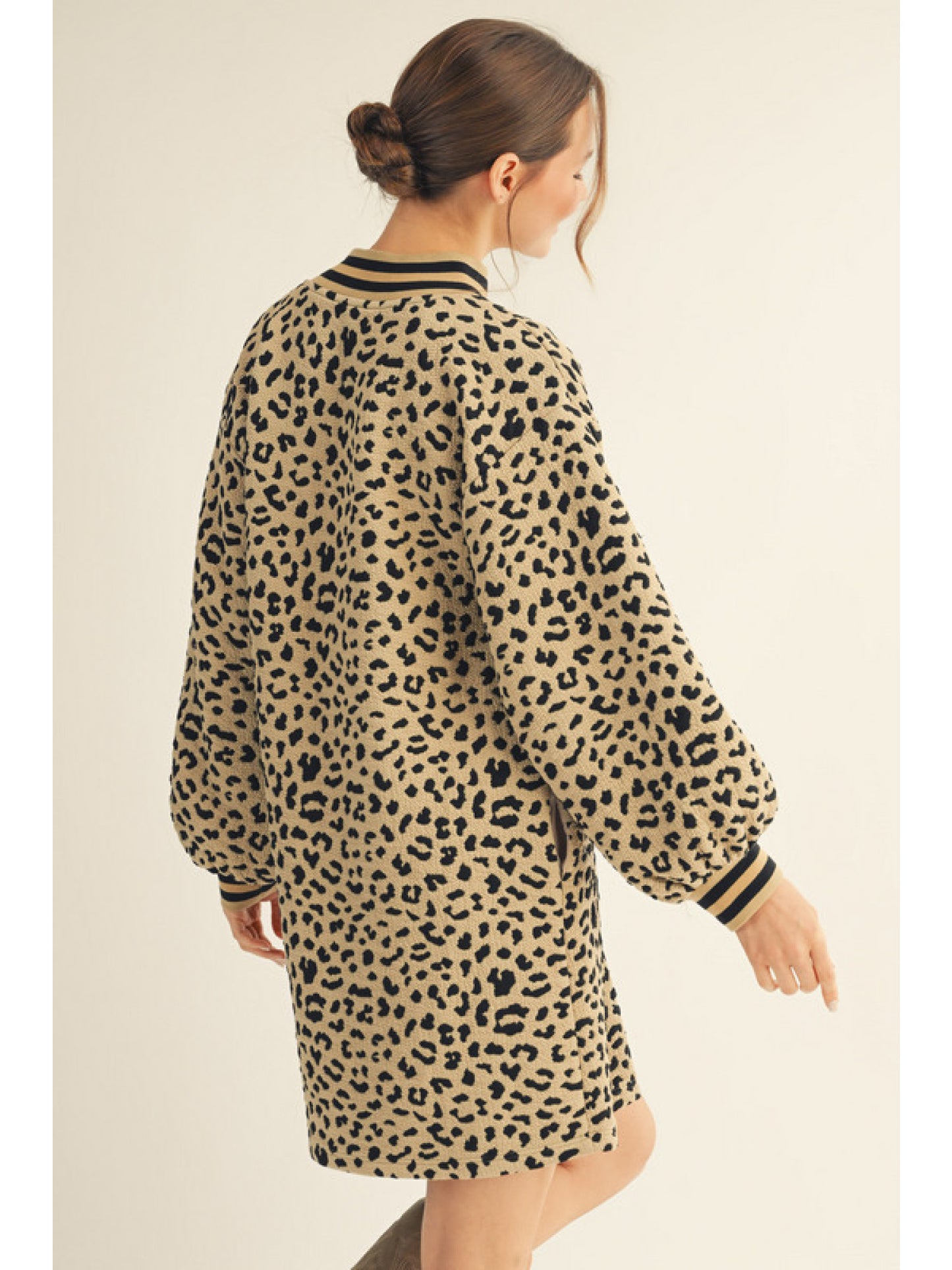 Puff Sleeve Dress with Leopard Texture and Ribbed Band