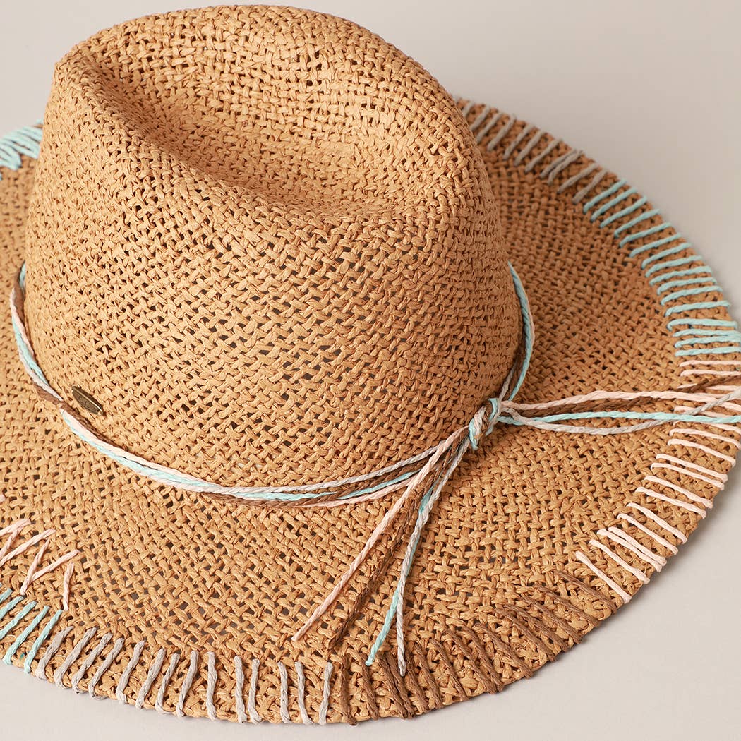 Multi-Colored Stitched Brim Panama Hat: DK.NATURAL / ONE SIZE
