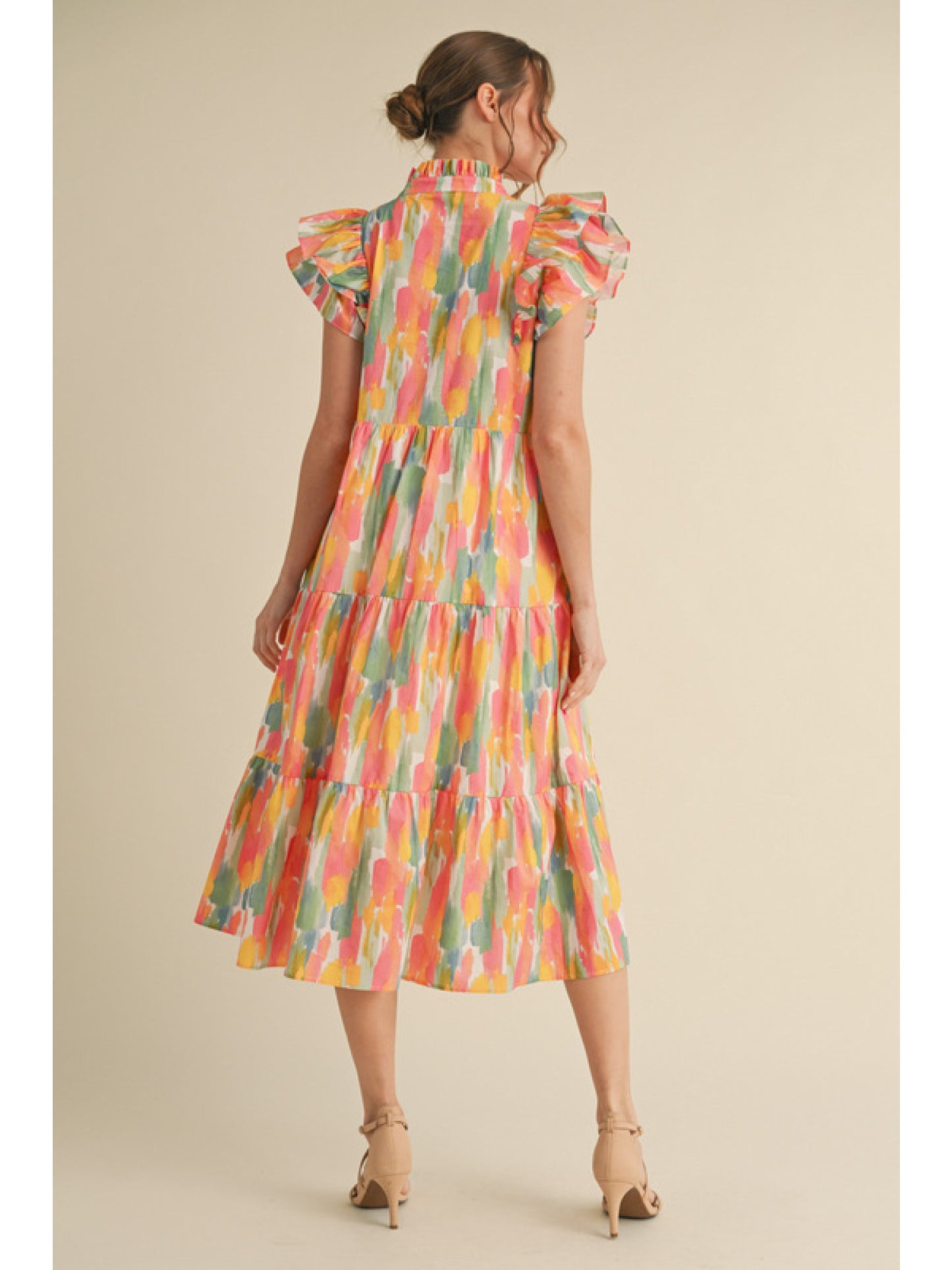 Geometric Print Midi Dress in Coral/Yellow