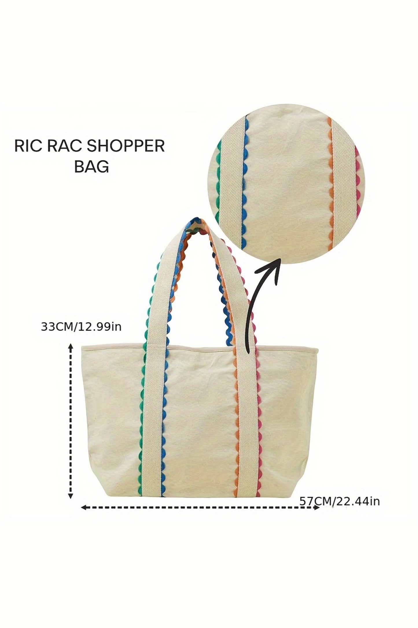 Color Block Colorful Ricrac Detail Canvas Tote Bag: White