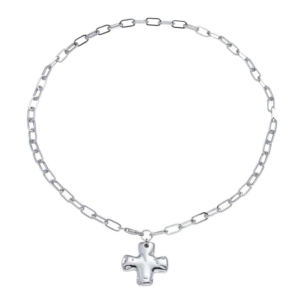 NOTABLE HAMMERED CROSS FRONT TOGGLE NECKLACE |Silver