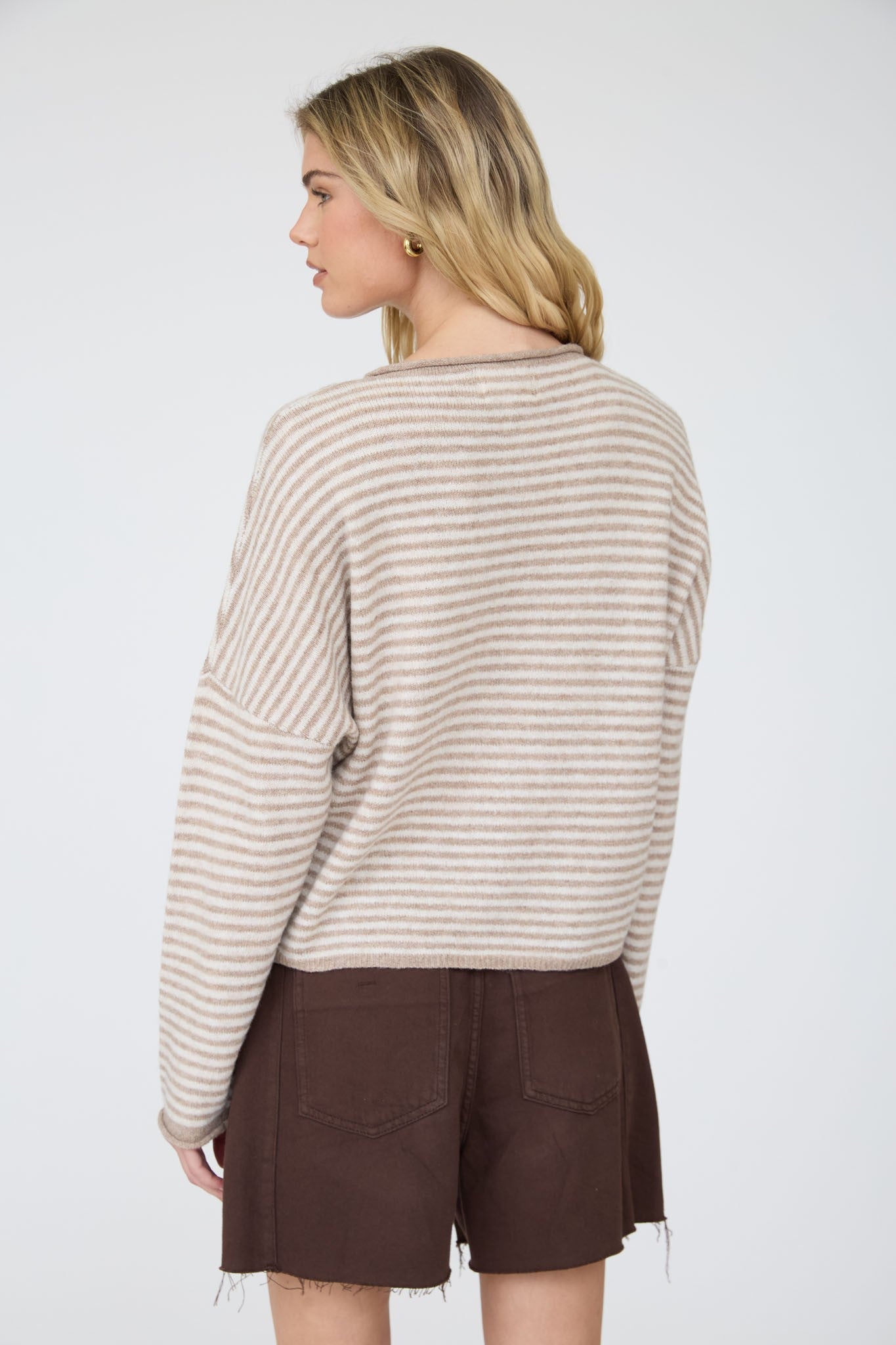 Stripe Raw Edge Drop Shoulder Knit Cardigan in Light Mocha