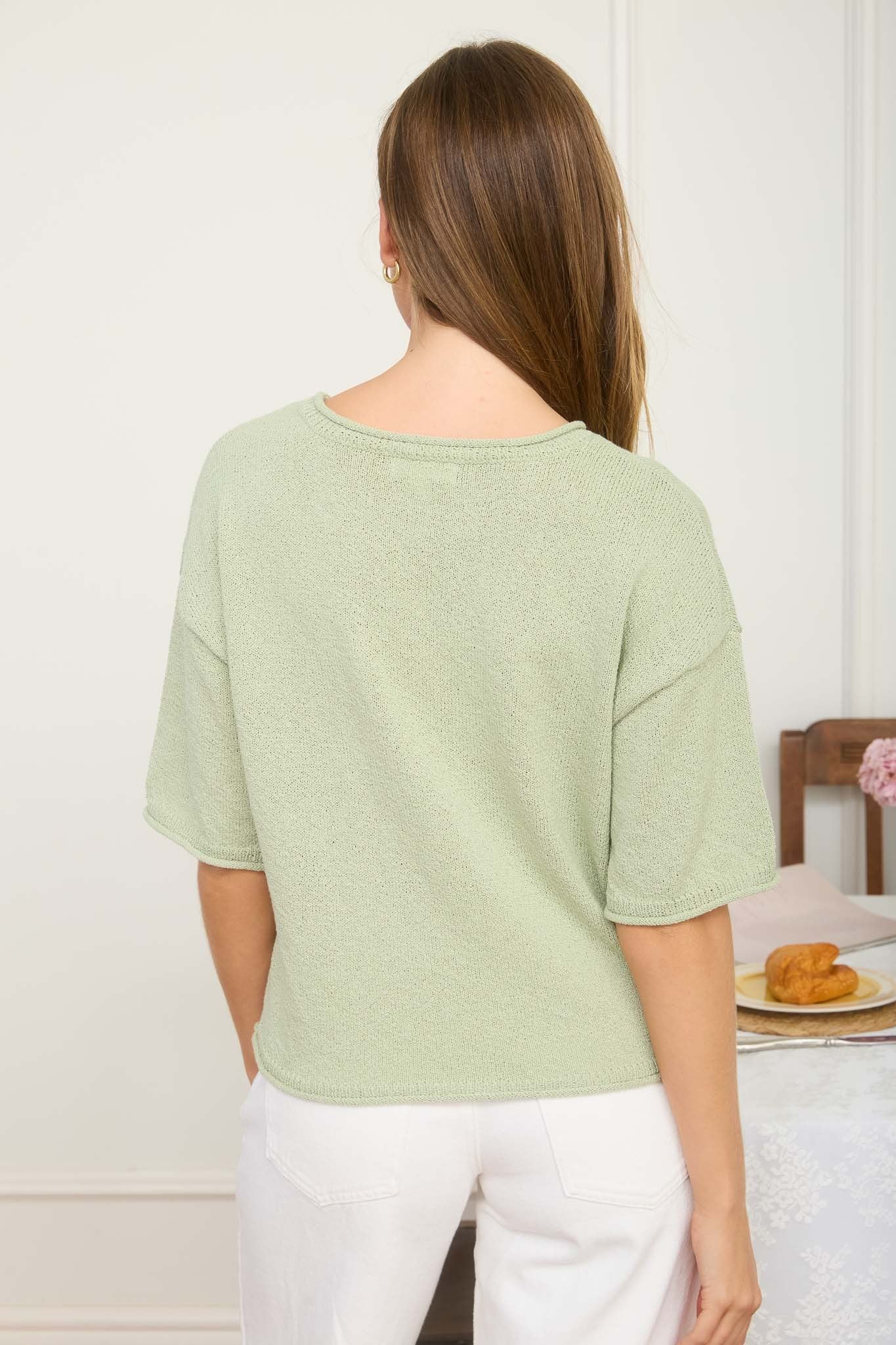 Raw Edge Boxy Short Sleeve Knit Sweater in Light Olive