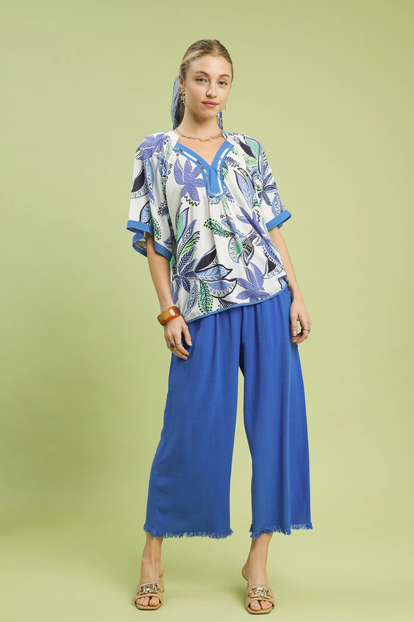 Frayed Hem Wide-Leg Pants Cerulean