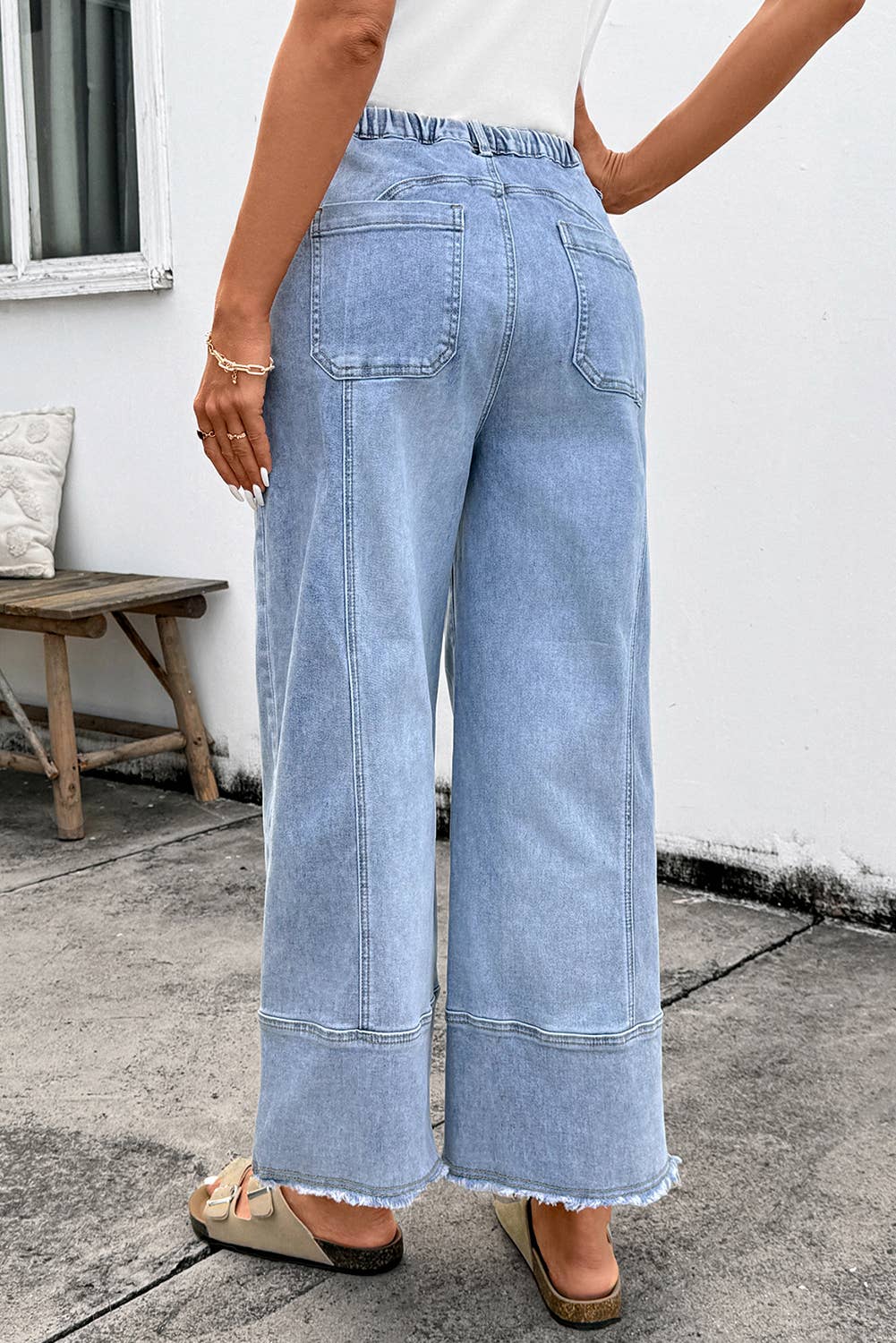 Drawstring Raw Hem Wide Leg Denim Pants