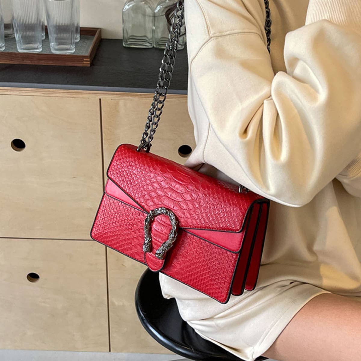 Crossbody Square Bag with Chain in Red