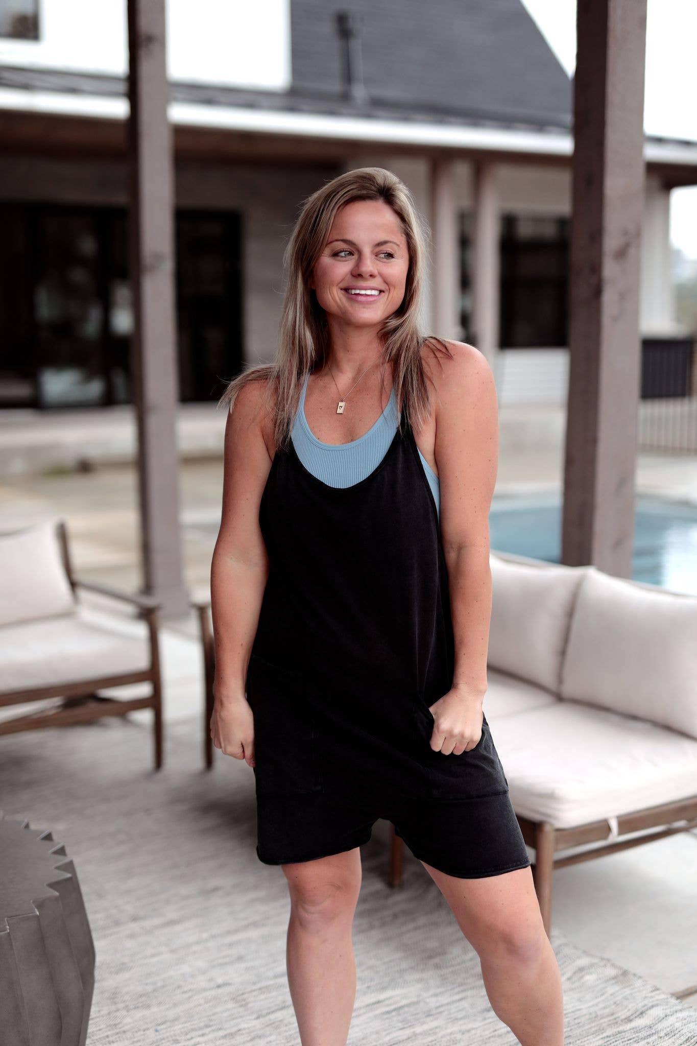 Ready to Play Romper in Midnight Acid Wash