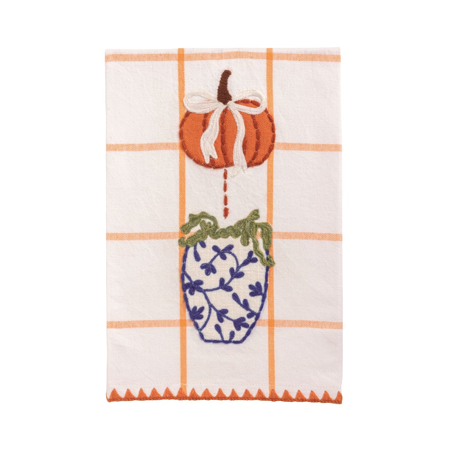 Orange Windowpane Pumpkin Appliqué Topiary Towel