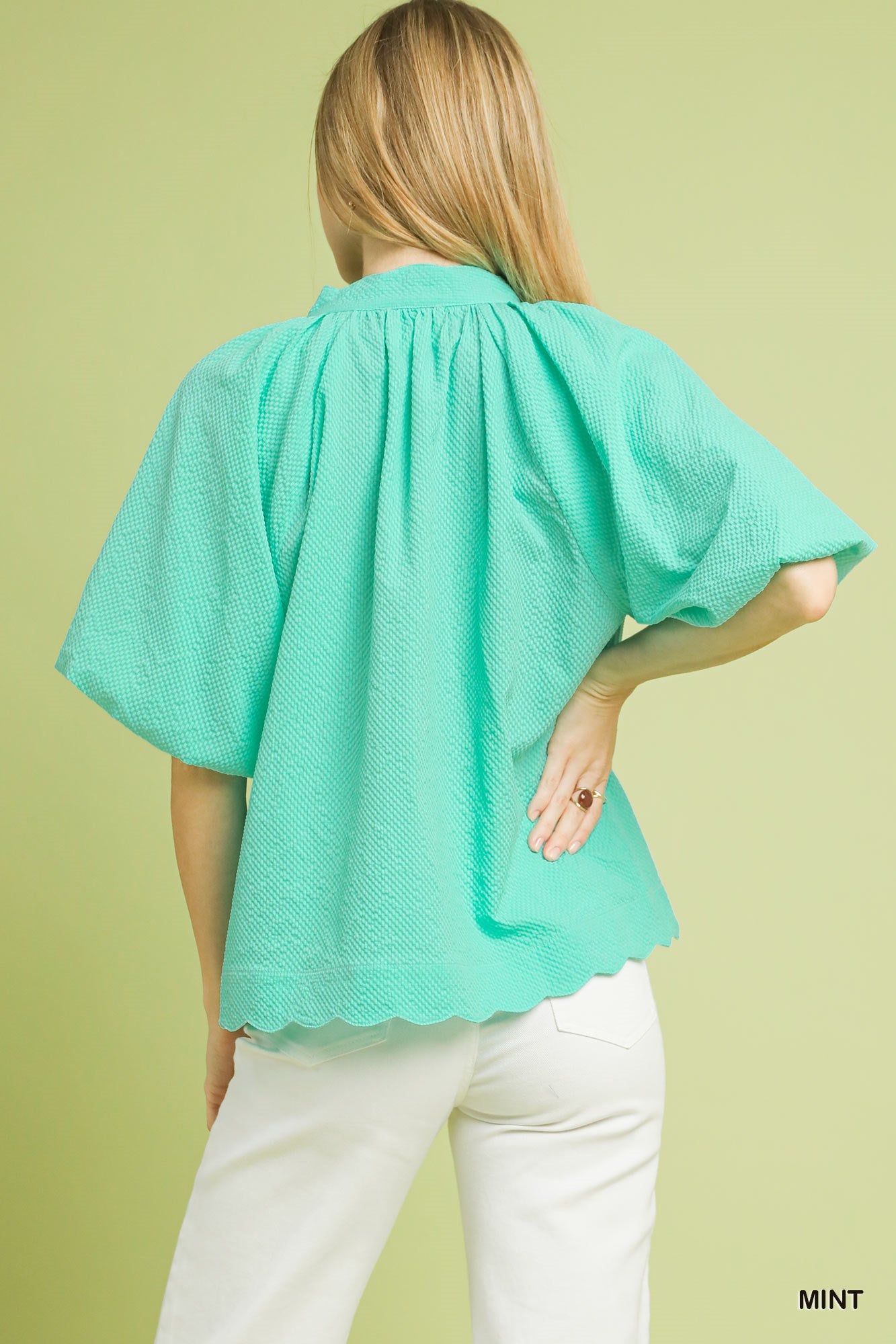 Scalloped Bubble Sleeve Top Mint