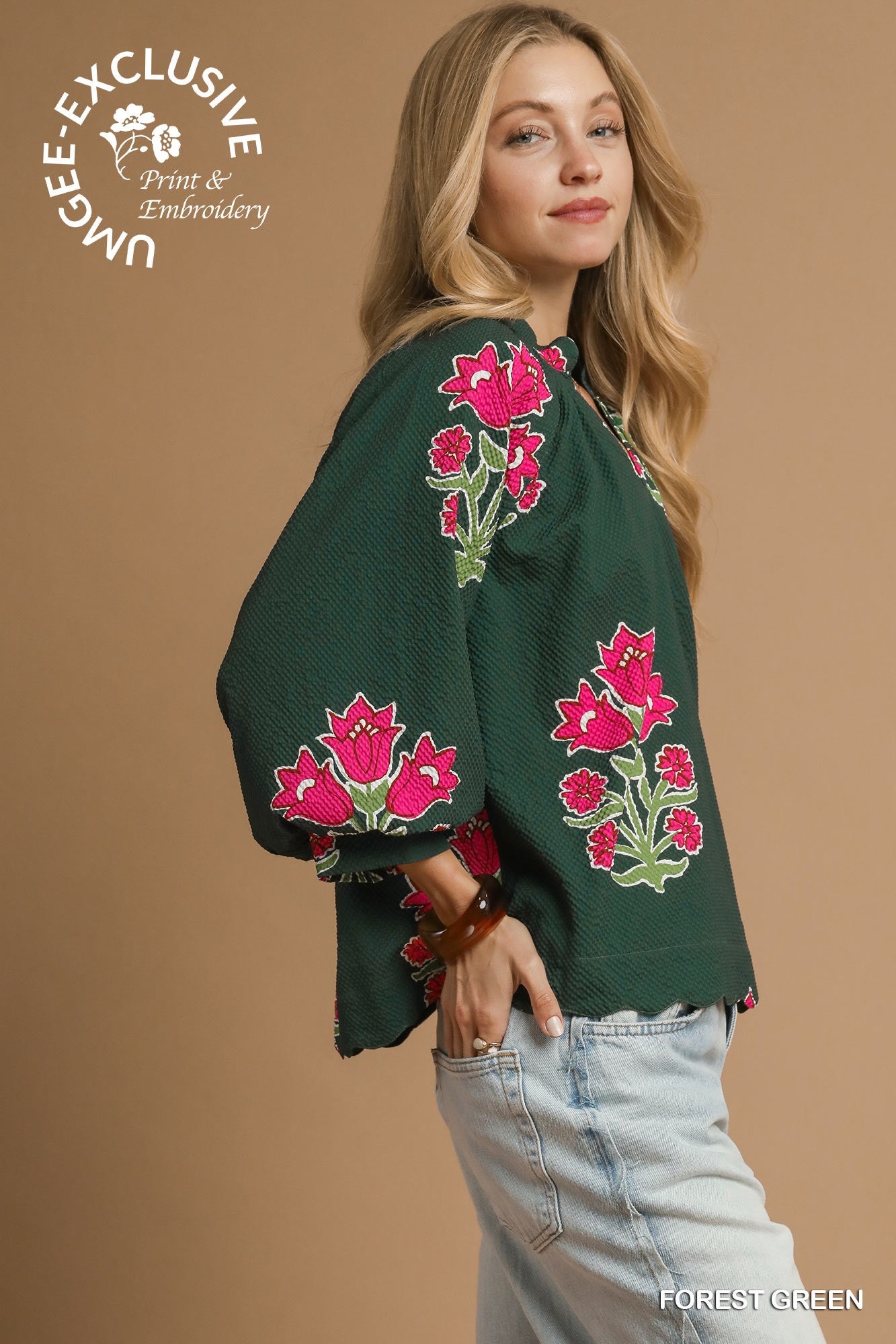 Bubble Sleeved Tulip Print Split V Neck Top Forrest Green