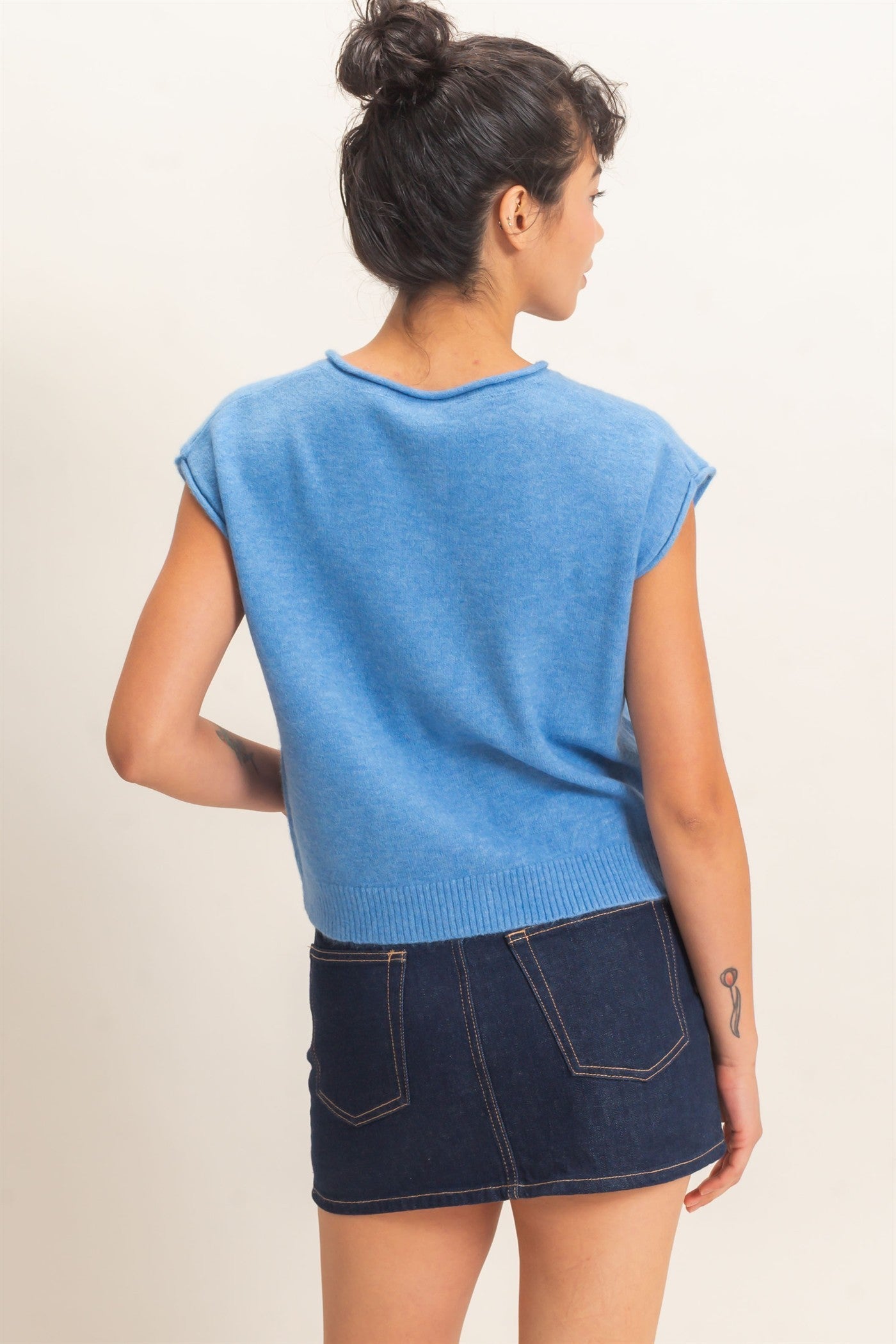 Rolled Edge Button Front Sweater Vest in Blue