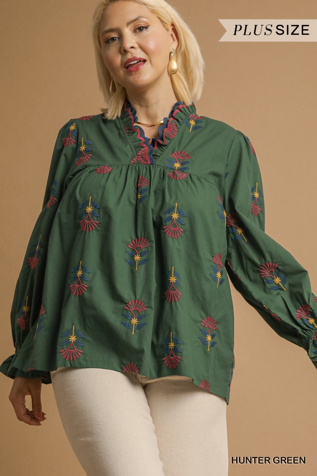 Embroidered Floral Ruffle Neck Blouse