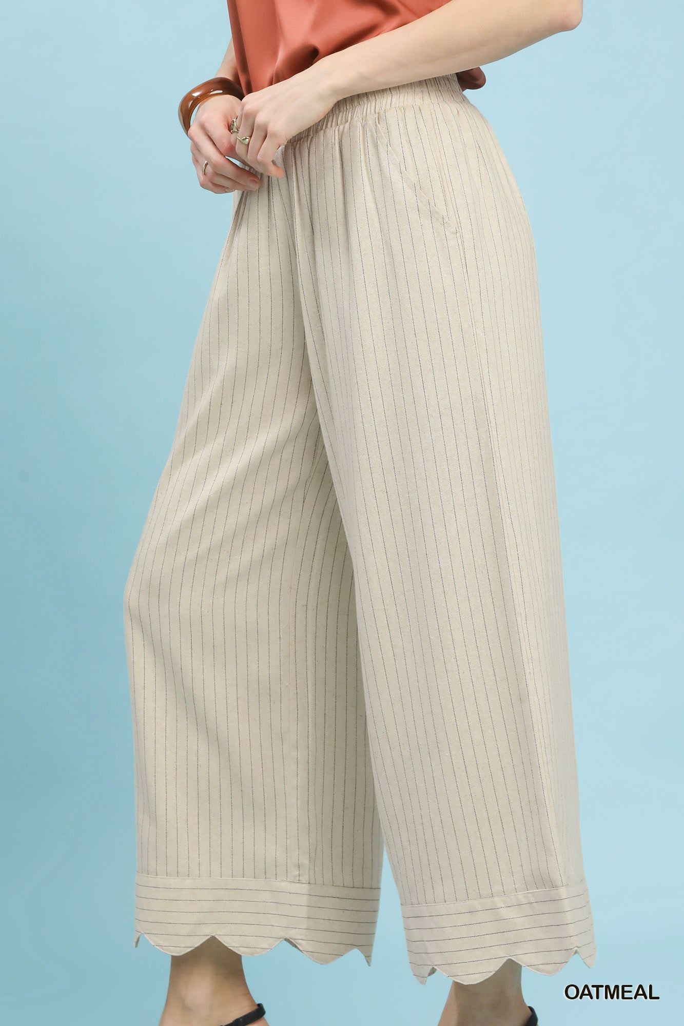 Pinstripe Scalloped Linen Pants Oatmeal
