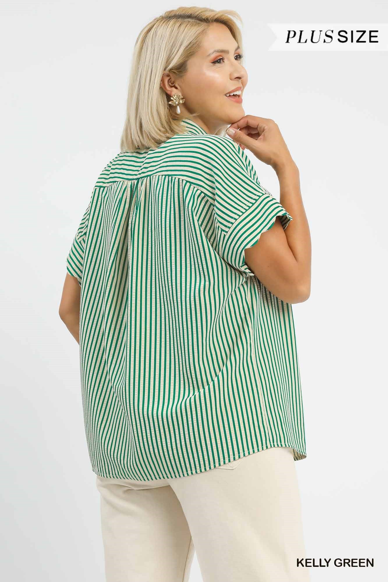 Scalloped Sleeve Stripe Button Down Green