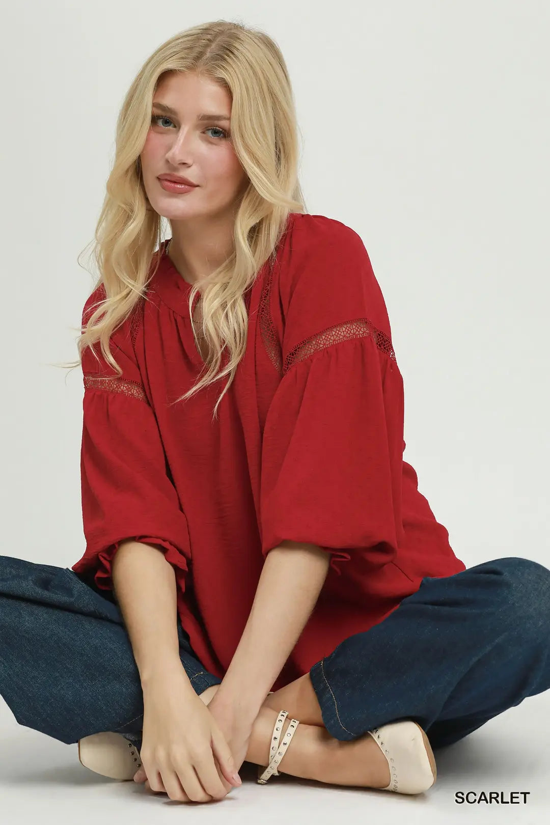 Scarlet Ruffle Neck Lace Trim Blouse