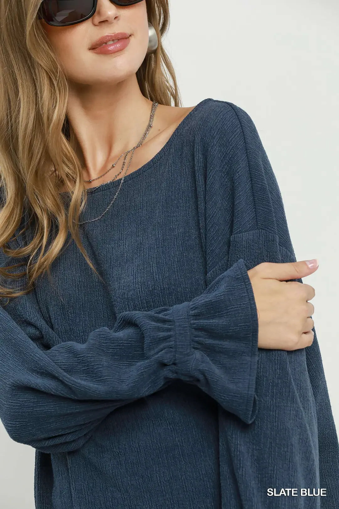 Knit Top with Tie Cuff Sleeve in Slate Blue