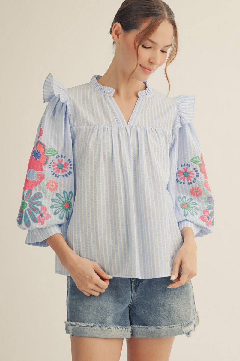 Embroidered Puff Sleeve Stripe Top Blue