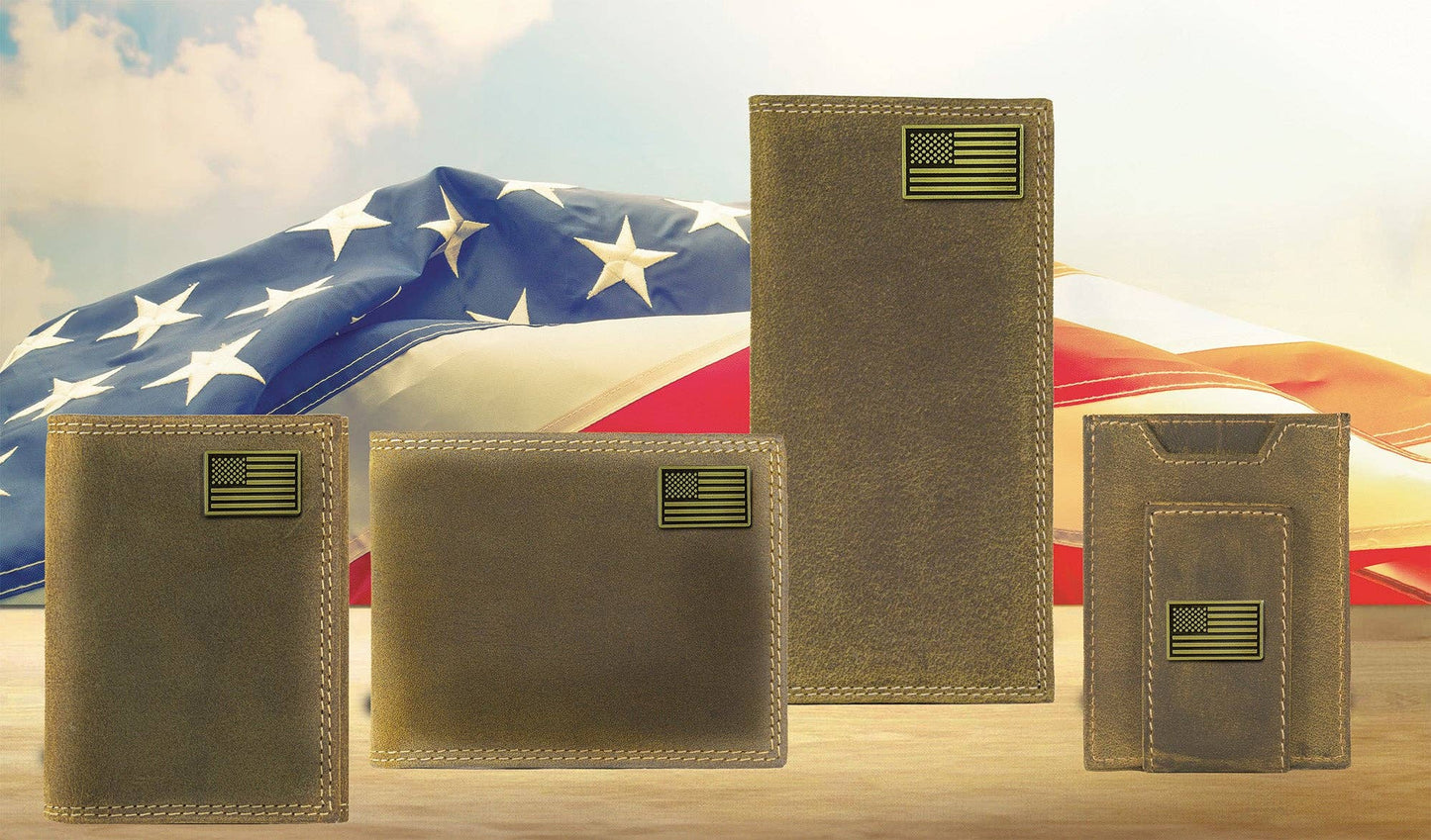 American Flag Vintage Tan Leather Magnetic Wallet