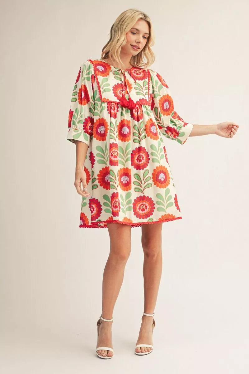 Floral Peasant Dress with Scallop Trim Detail