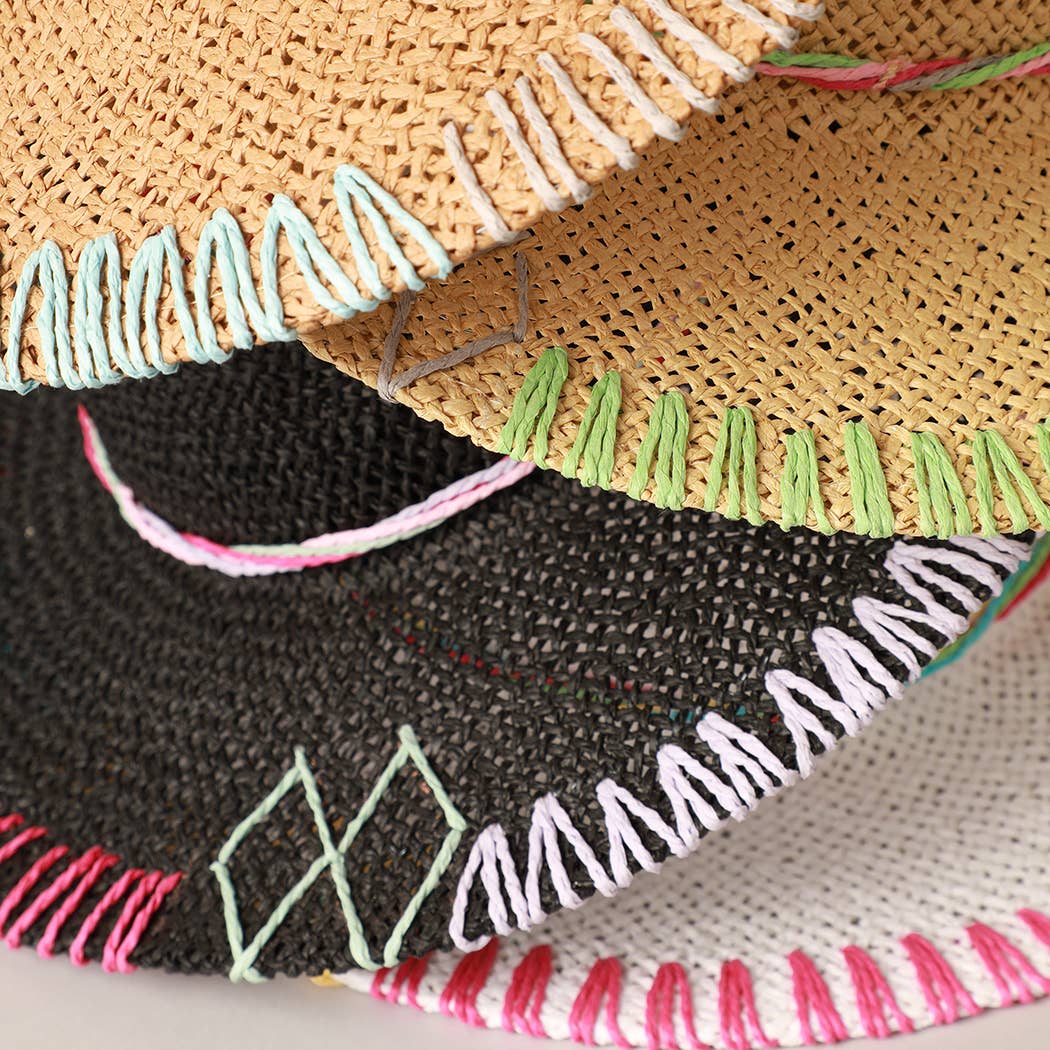 Multi-Colored Stitched Brim Panama Hat: DK.NATURAL / ONE SIZE