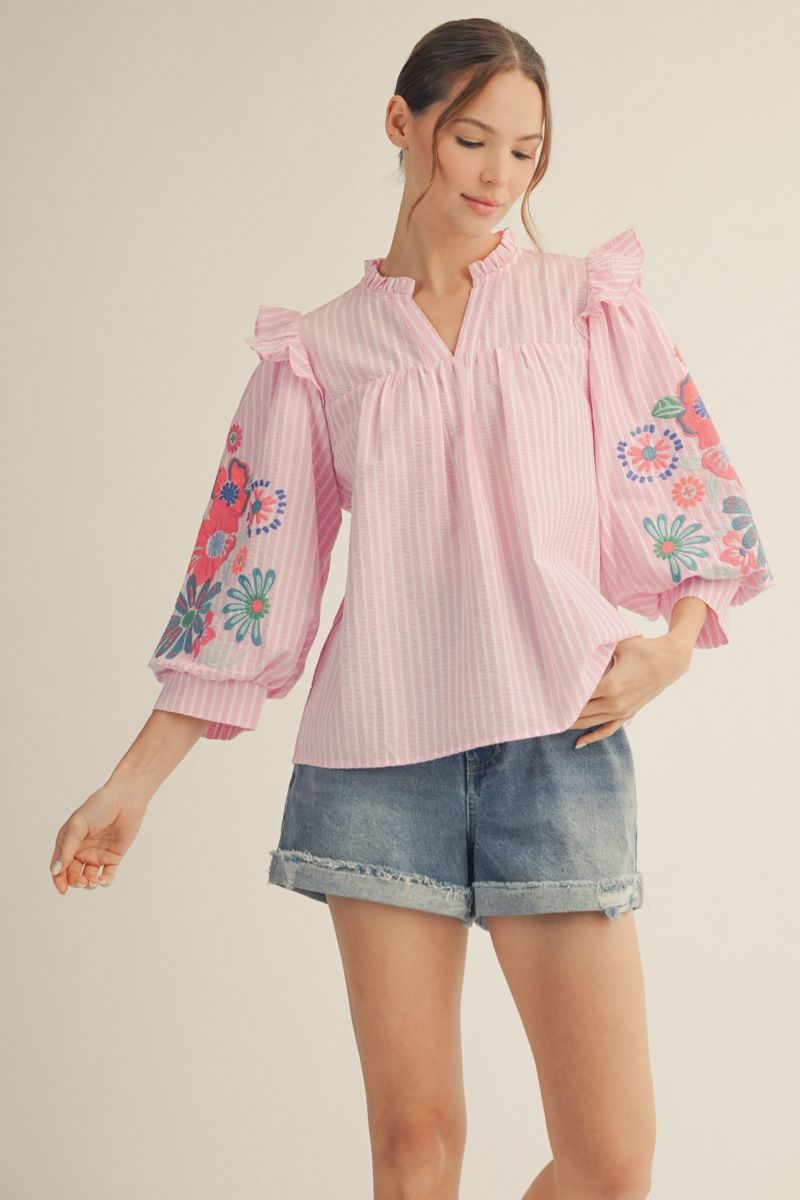 Embroidered Puff Sleeve Stripe Top Pink