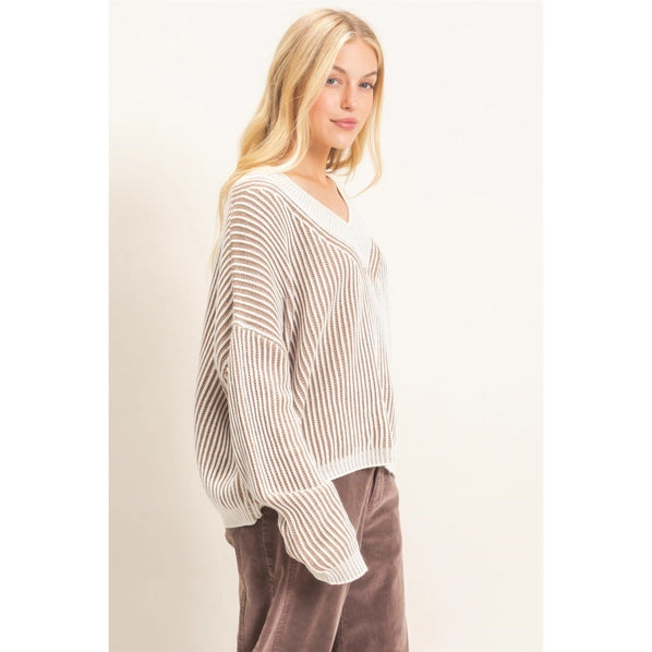 Striped V-Neck Ribbed Sweater in Taupe