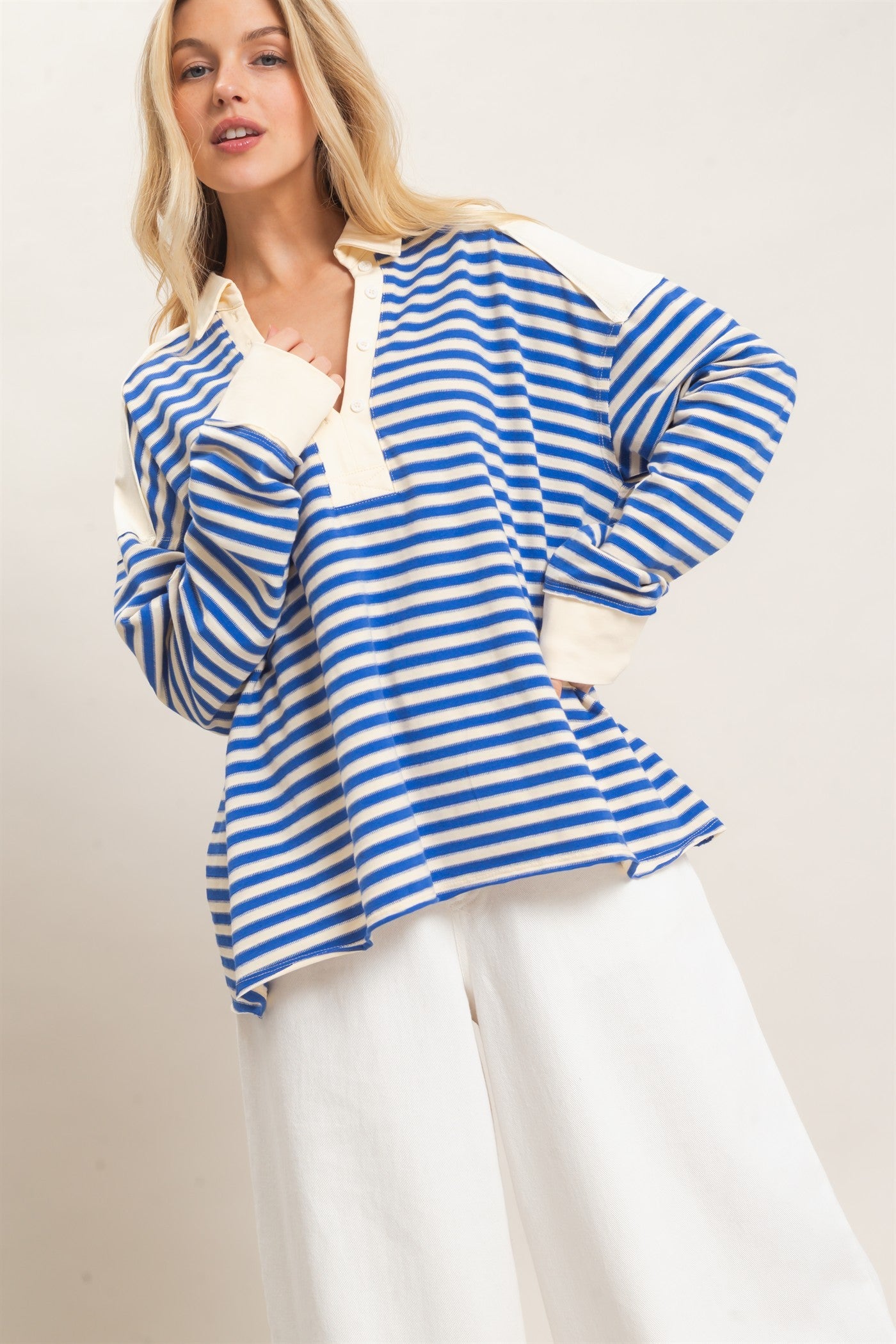 Striped Henley Sweatshirt in Blue