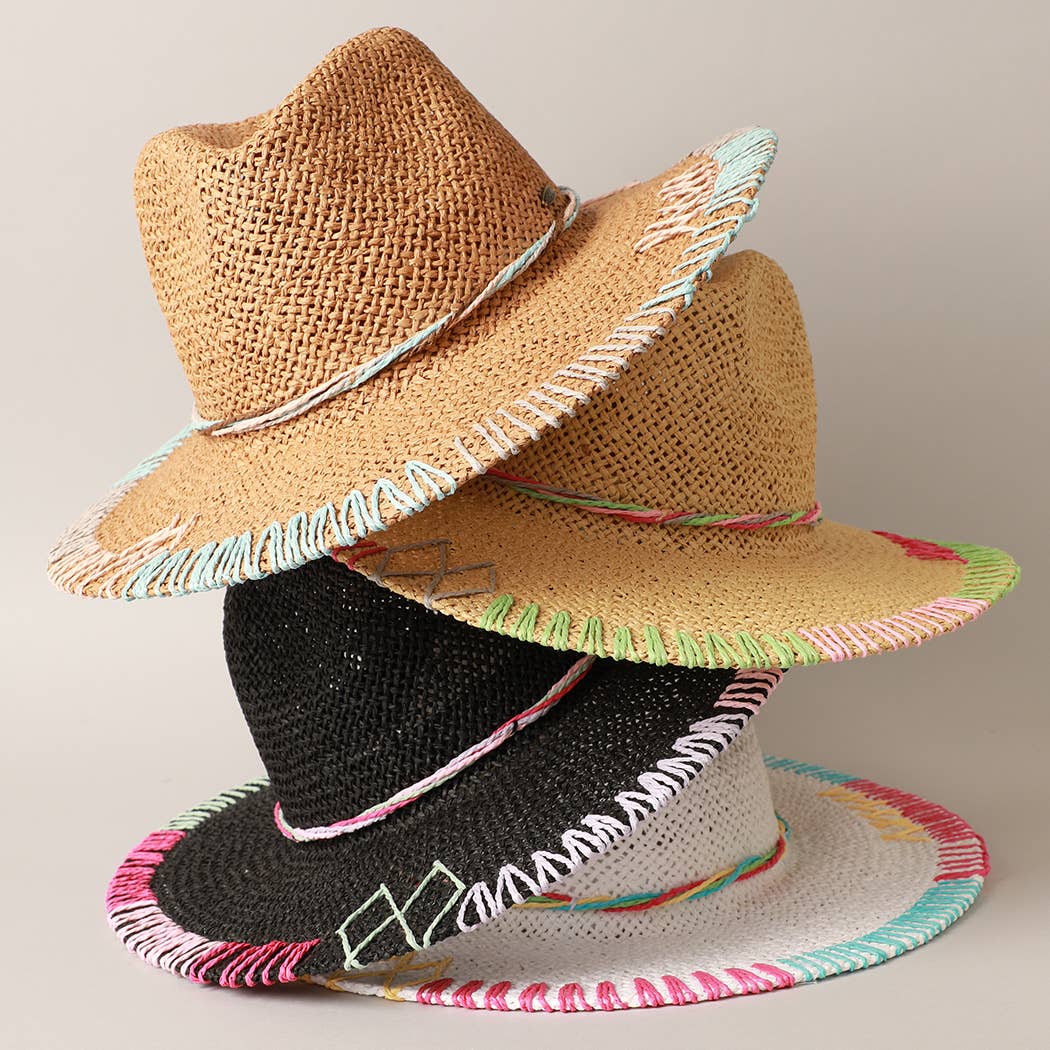 Multi-Colored Stitched Brim Panama Hat: DK.NATURAL / ONE SIZE
