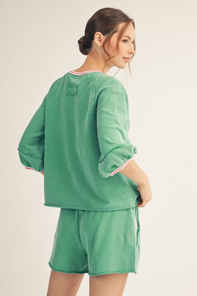 Vintage Washed Top with Puff Sleeves in Green