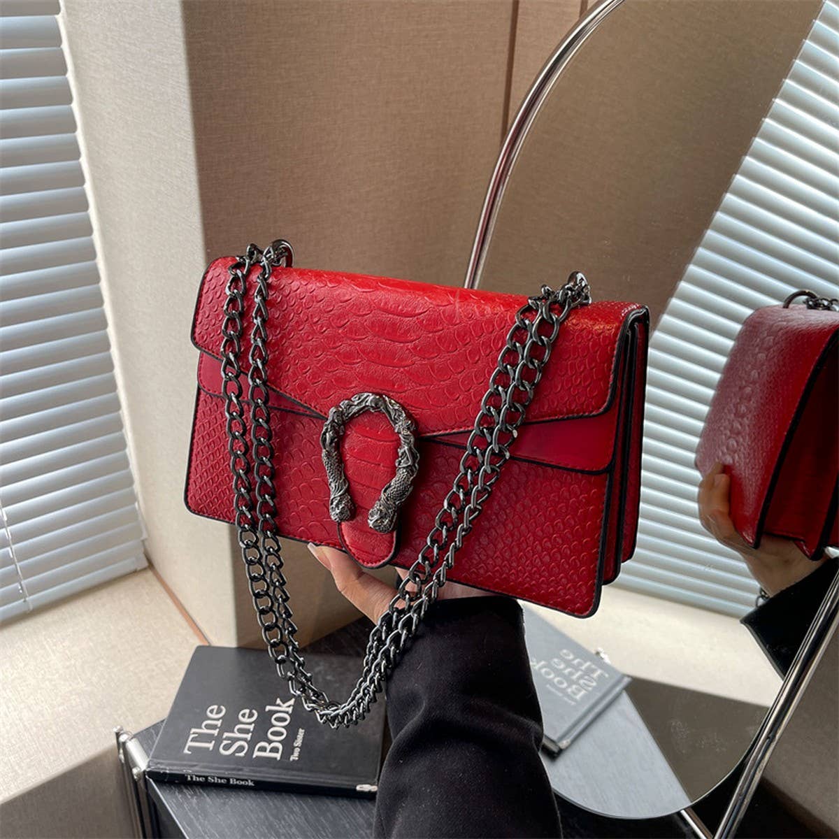 Crossbody Square Bag with Chain in Red