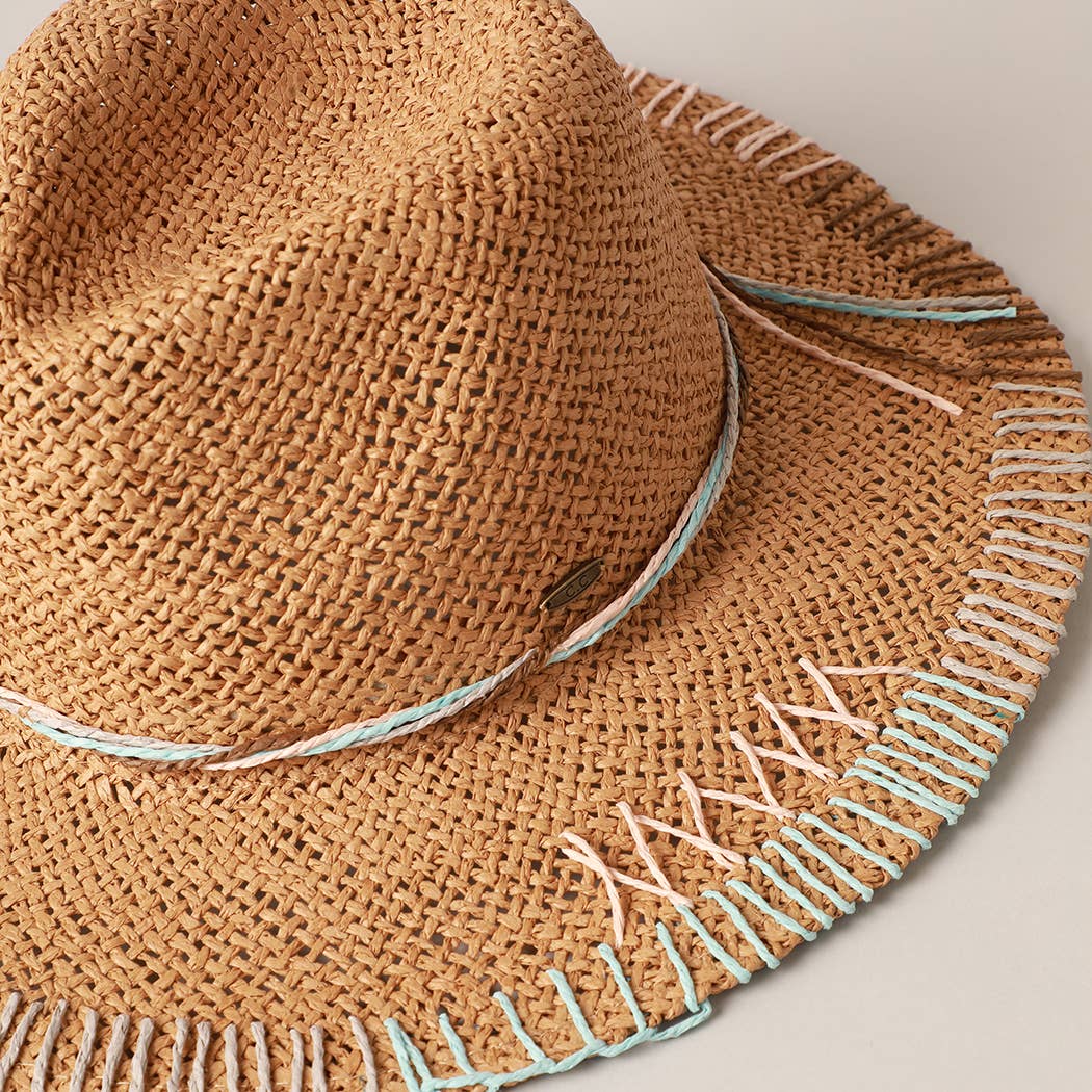 Multi-Colored Stitched Brim Panama Hat: DK.NATURAL / ONE SIZE