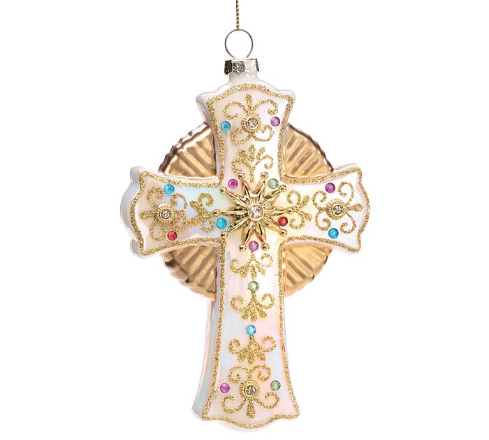White Cross Ornament With Colored Stones