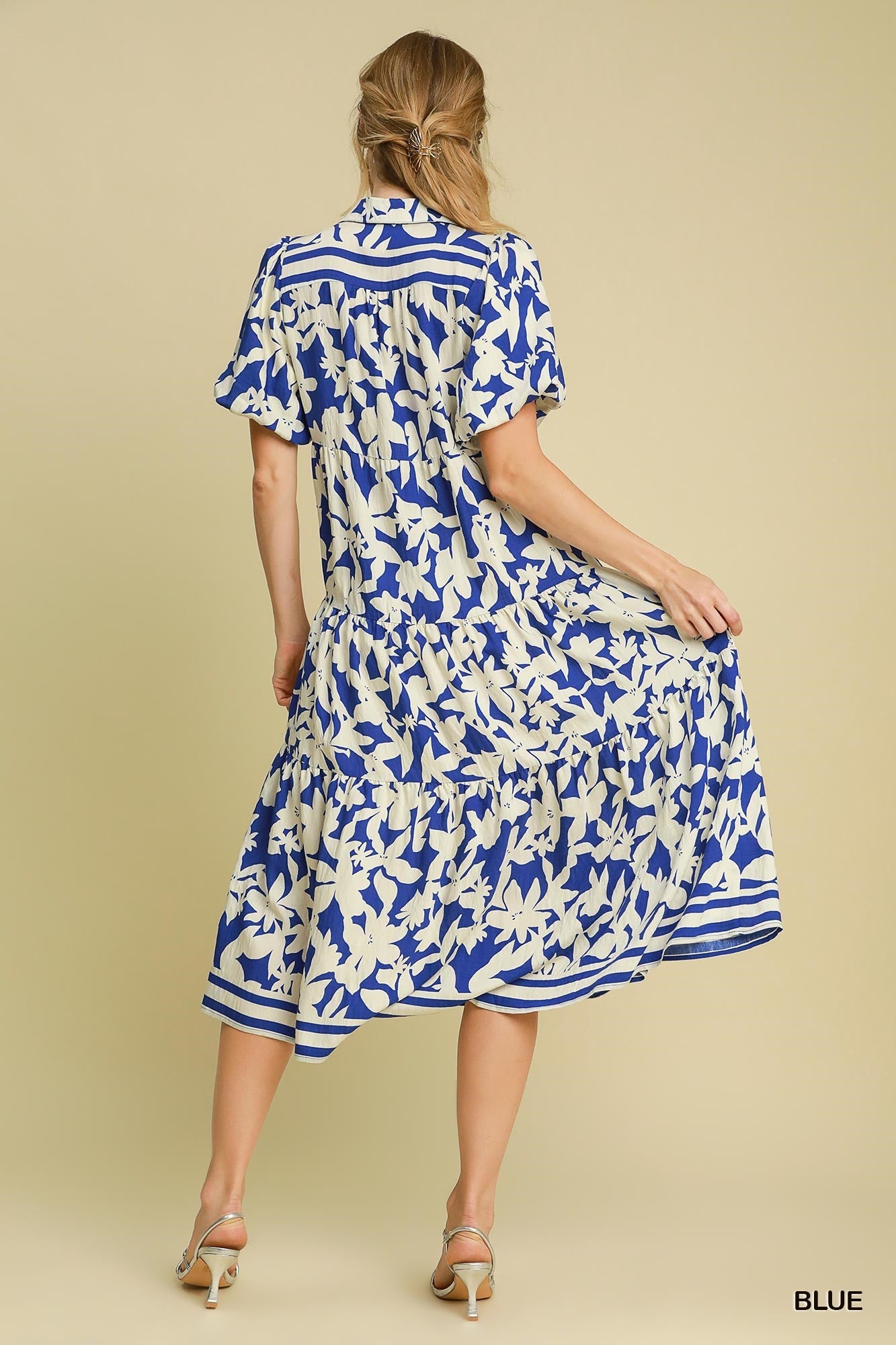 Puff Sleeve Midi Dress in Blue