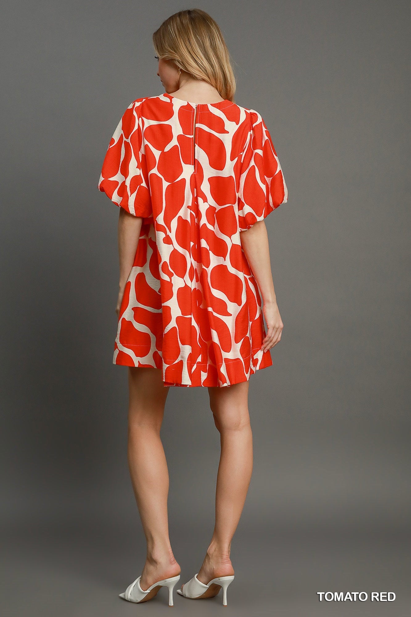 Abstract Print Floral Puff Sleeve Dress Tomato Red