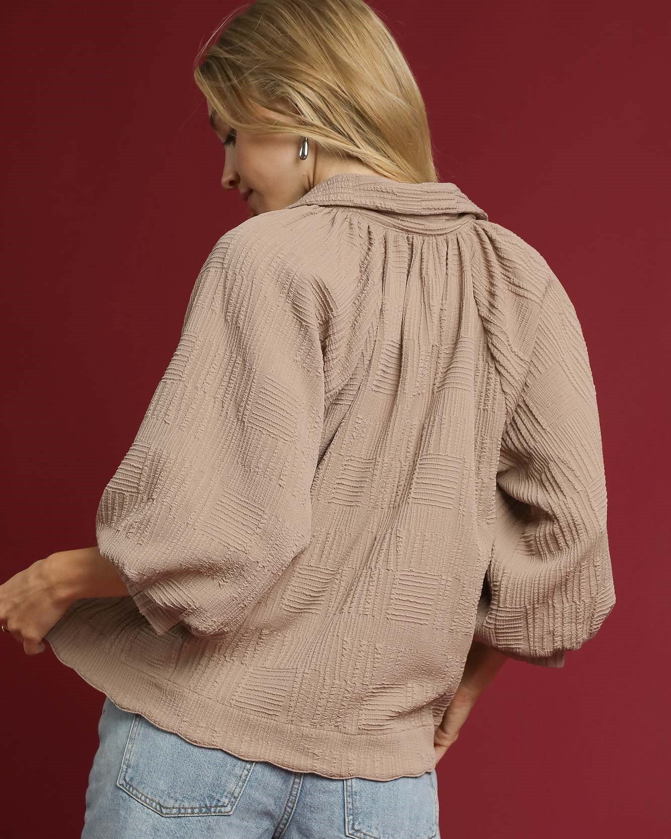 Collared V-Neck Puff Sleeve Top with Scalloped Hem