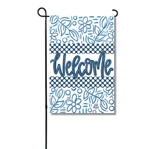 Blue and White Welcome Garden Glam Flag