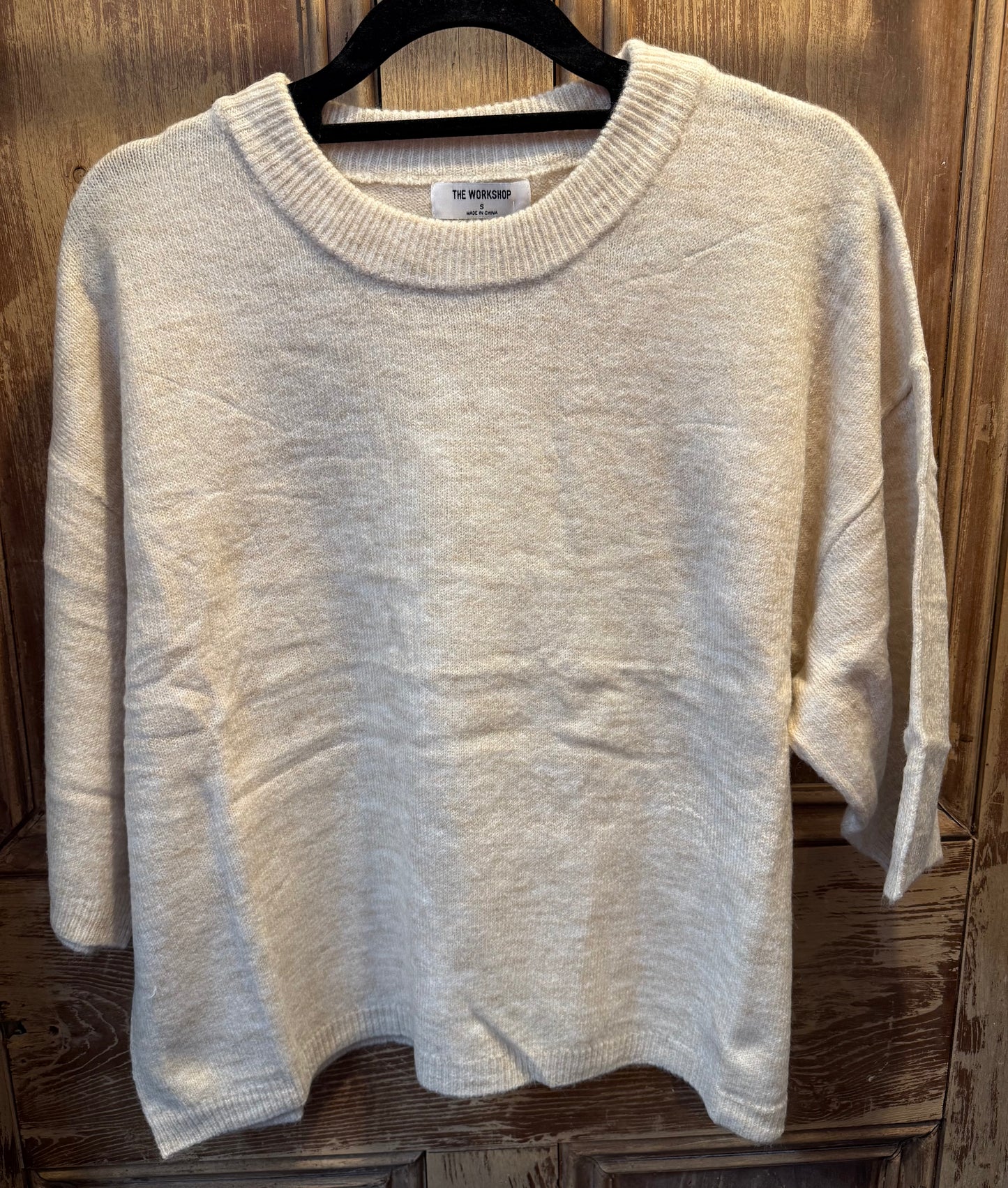 Heathered Crew Neck Half Sleeve Boxy Pullover in Tan