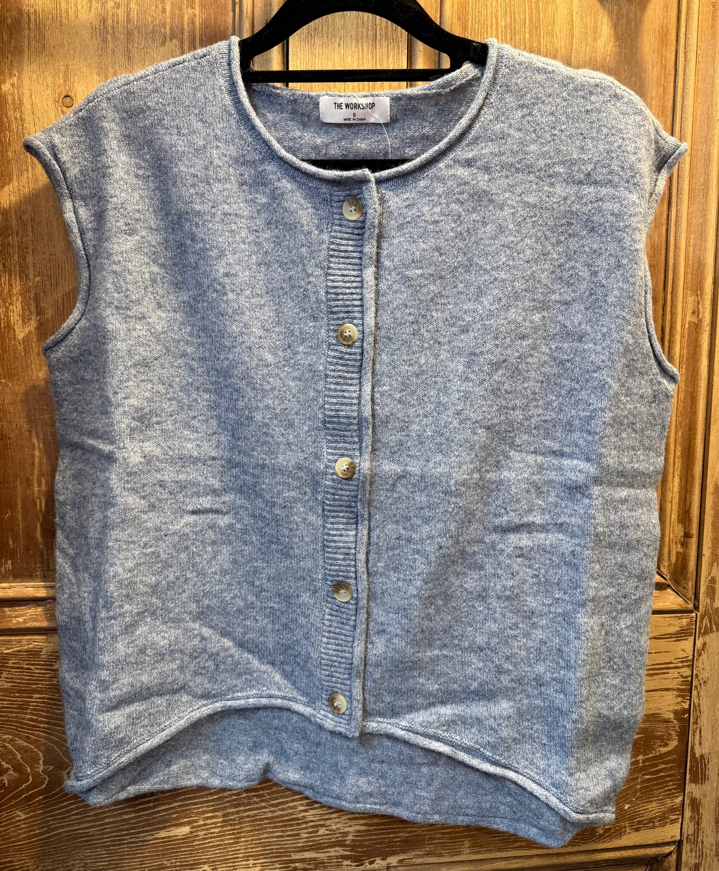 Round Neck Short Sleeve Rolled Edge Knit Vest in Dusty Blue