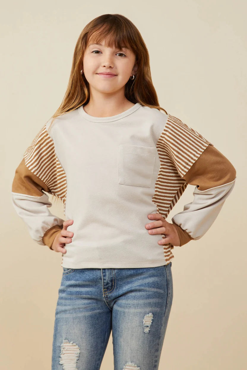 Girls Stripe And Color Block Sleeve Detail Knit Top