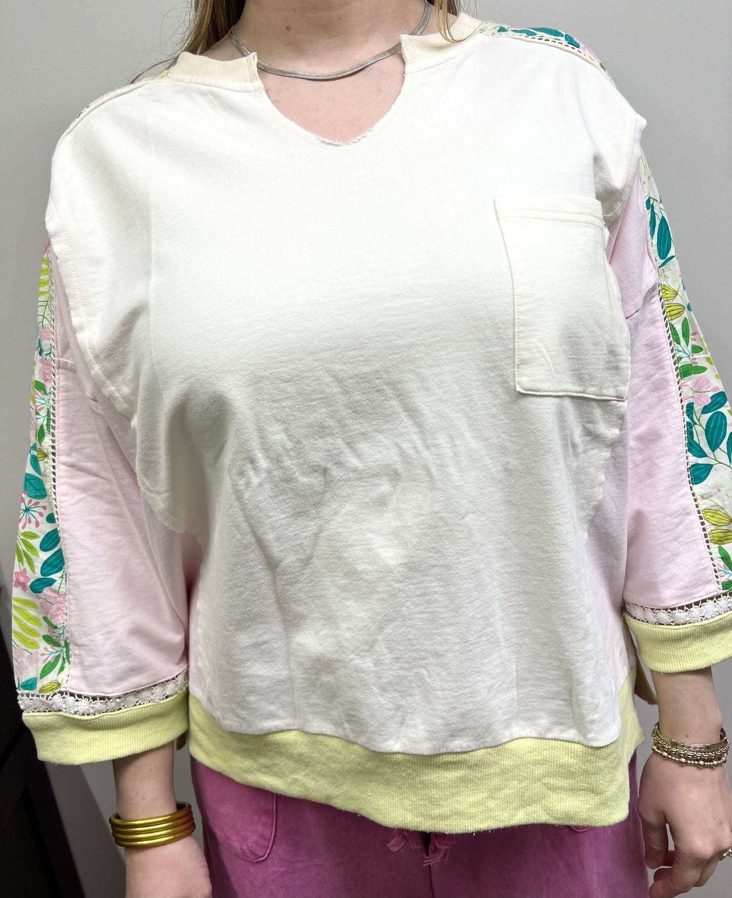 Colorblock Top with Floral Accent Sleeve in Vanilla Rose