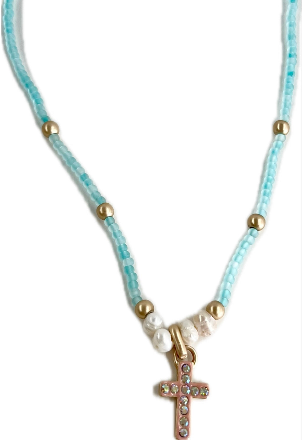 Kids Mini Neon Aqua Beaded Necklace with Cross