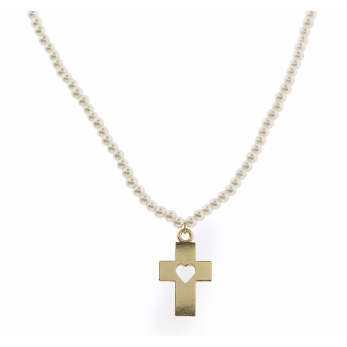 Kids 14" Pearl Chain with Cutout Heart Cross Chain in Gold