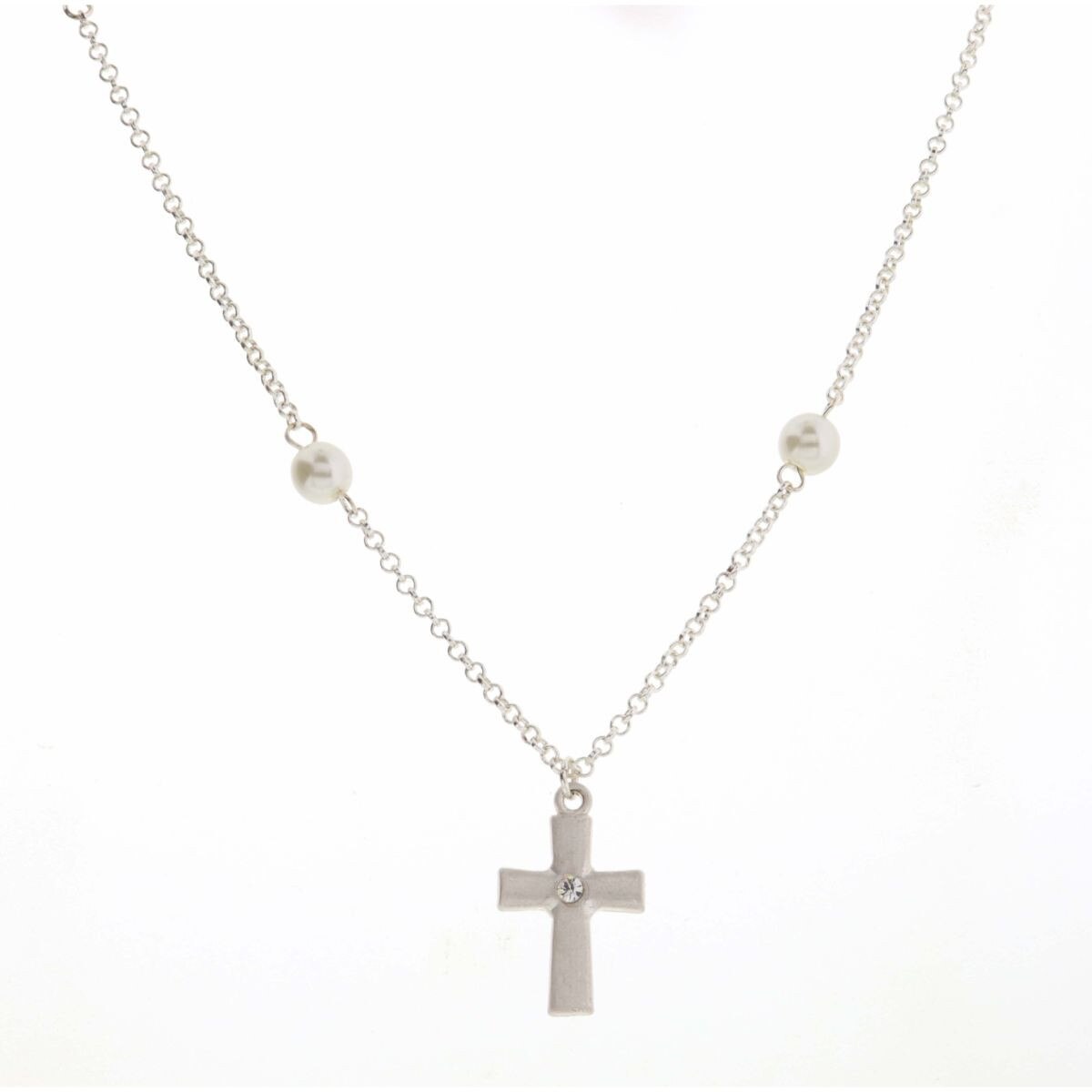 Kids 14" Pearl and Silver Chain with Cross Charm