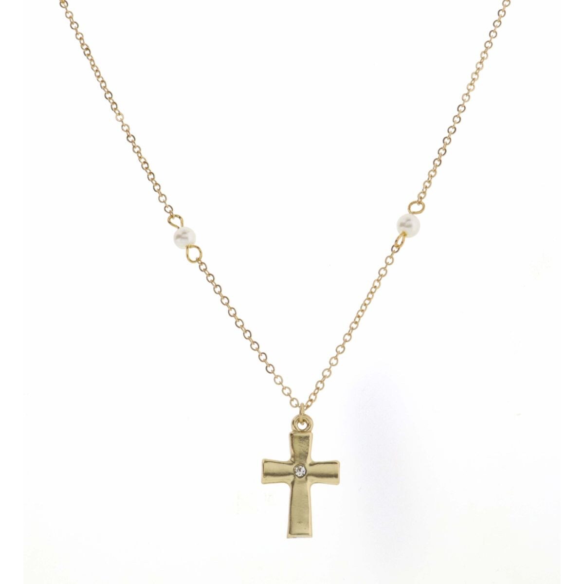 Kids 14" Pearl and Gold Chain with Cross Charm